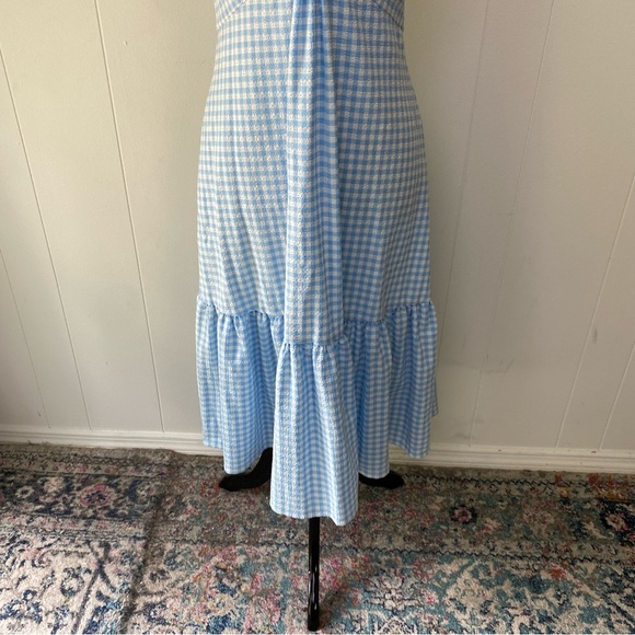 Calvin Kleins sleeveless dress with side pleated ruffle Sz 4 Blue White Gingham - Picture 4 of 15